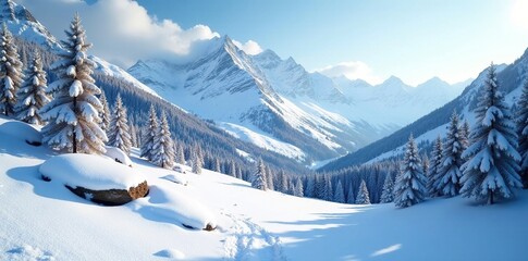 A blanket of snow covering a mountainous terrain with trees and rocks, snow, landscape