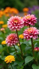 Obraz premium Dahlias in a garden bed with other autumn plants, flower garden, leafy greens