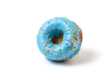 Blue glazed donut isolated on white background.
