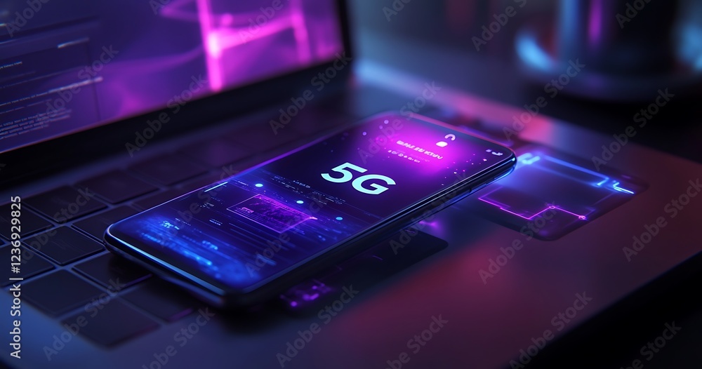 Poster 5g smartphone displaying network data on laptop.
