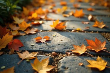 Amber leaves scattered on a weathered stone patio, soft and inviting, autumn, warm, leaf