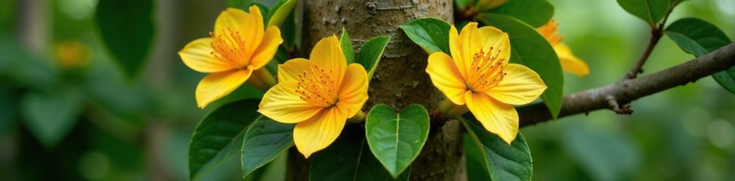 clusters of jambo flowers surround a central stem on a tree trunk, leaves, trees, clusters