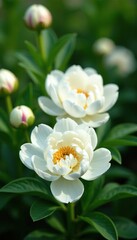 Obraz premium Large white peony flowers blooming in a garden, bloom, greenery