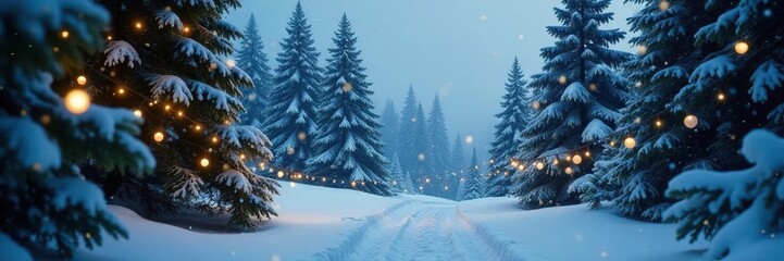 Fototapeta premium Snowy forest with tall green trees and twinkling lights, snow, evergreen, holiday