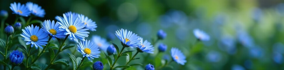 Fototapeta premium Low-growing bushy aster plant with blue flowers, blue blooms, , foliage