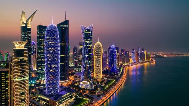 A breathtaking 4K ultra-HD aerial stock video capturing the stunning skyline of Qatar&rsquo;s capital, Doha, showcasing its futuristic skyscrapers, luxurious waterfront, and vibrant urban energy. 