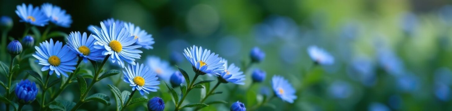 Low-growing bushy aster plant with blue flowers, blue blooms, , foliage