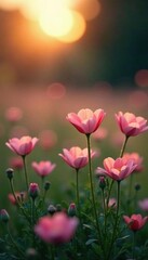 Naklejka premium A bed of soft glowing flowers in a tranquil meadow at dawn, serenity, meadow, natural
