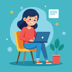 a girl is using his laptop vector
