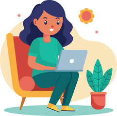 a girl is using his laptop vector