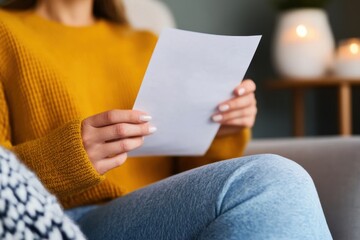 Female reading document in cozy living room setting.