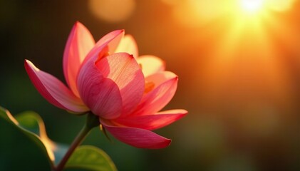 Fototapeta premium Delicate petals unfolding in warm orange hues, foliage, sunset