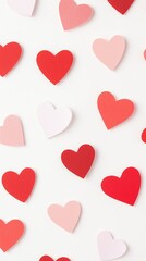 Red and pink paper hearts pattern on white background. Love and romance concept. Design for greeting card and  Valentine's Day festive banner with copy space.