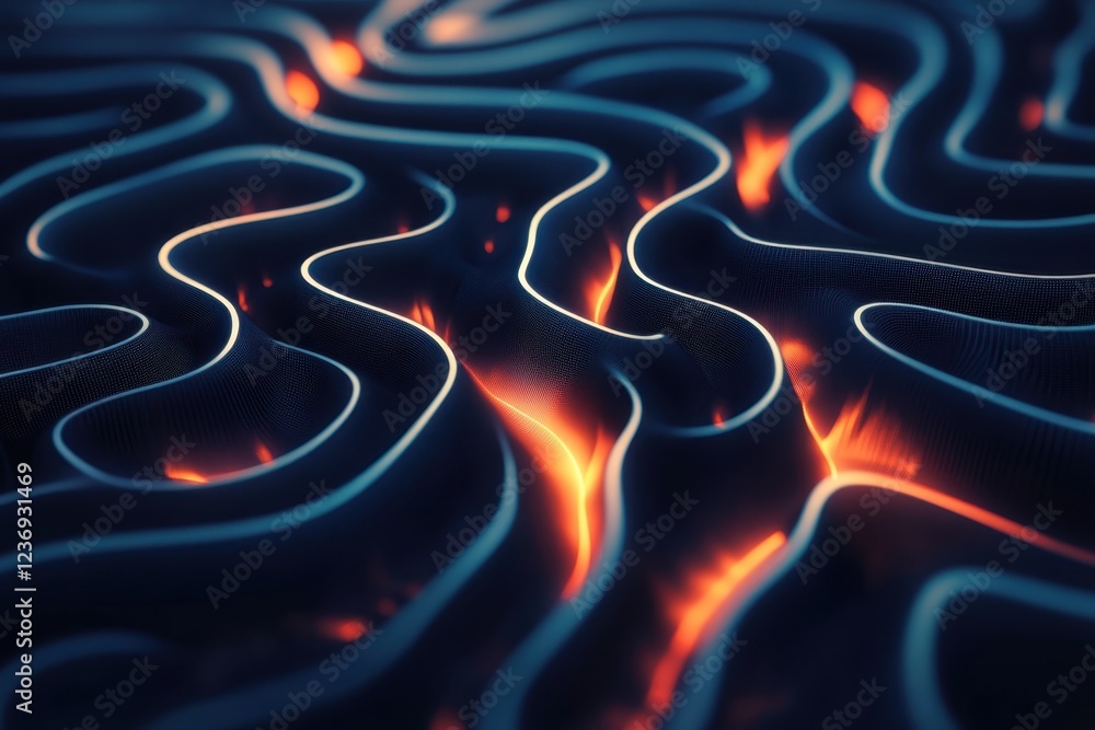 Poster Abstract design of glowing lines creating a wavy pattern against a dark background