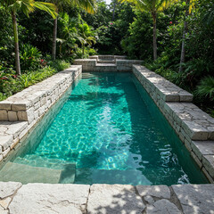  Engaging swimming pool made of stone located in a  forrest surrounded by lush vegetation.Concept of summer, holiday and enjoyment.