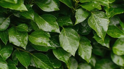Lush green leaves, rain droplets, close-up, nature background, garden texture