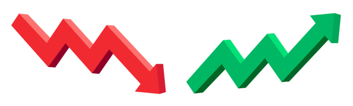 Green up and red down 3d arrow graph showing rising and descending trend, boosting of business result, decrease and growing investment profit symbol