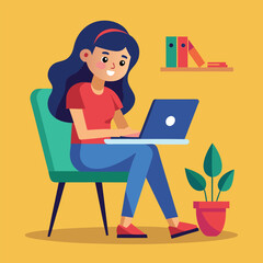 a girl is using his laptop vector