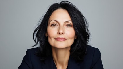 Confident mature caucasian female with black hair and elegant expression.