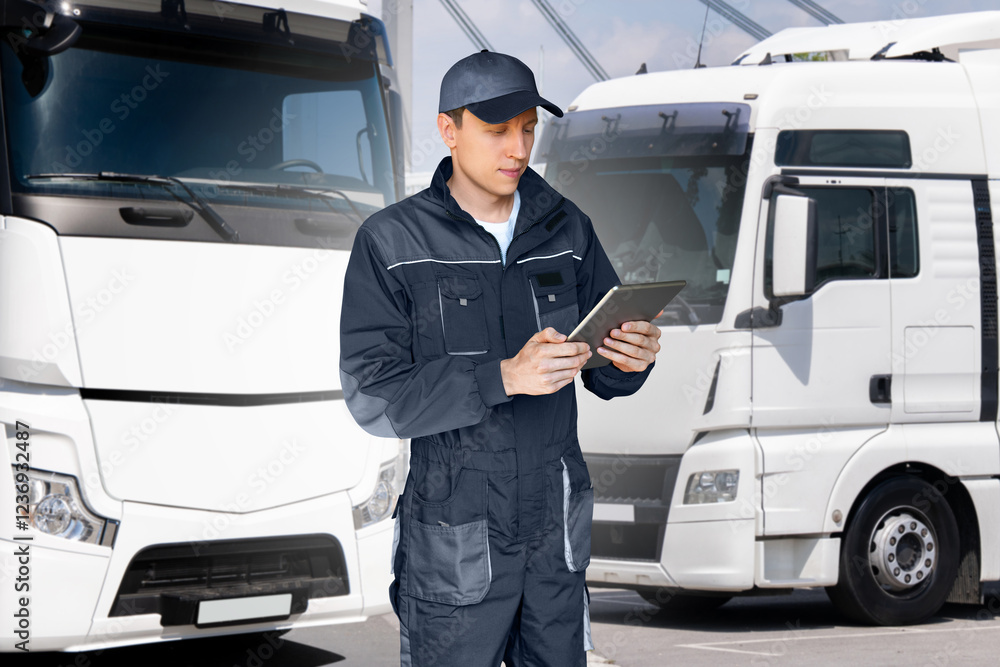 Aufkleber fleet manager with digital tablet on a background of trucks