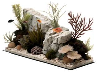 Fish aquarium tank decoration PNG isolated on white transparent background, high-quality 4K download, modern aquatic decor with coral, plants, rocks, and gravel for stylish interior setup 2025