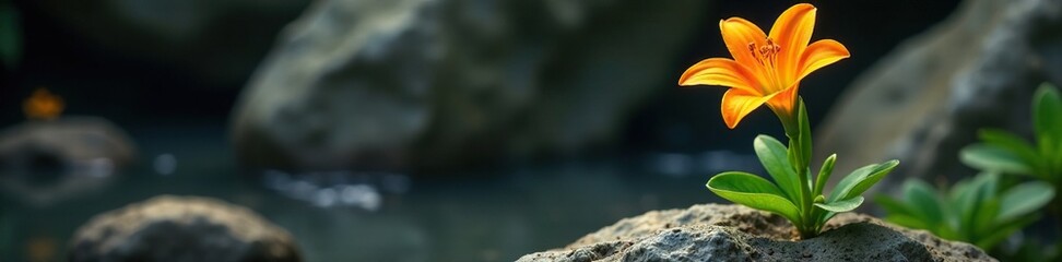 Naklejka premium Orange yello lily stem with green leaves sprouting from a rocky crevice, leaves, flowers