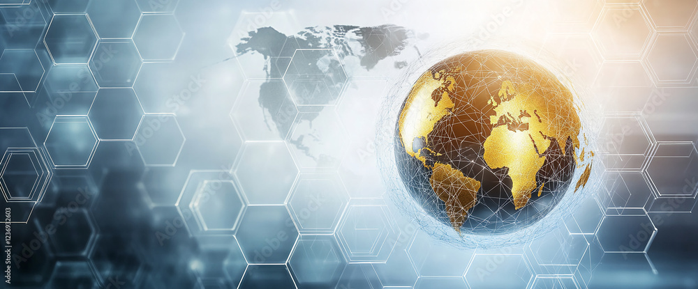 Poster Futuristic digital world map with glowing connections and a 3D globe surrounded by hexagonal structures, representing global connectivity and technological advancements.