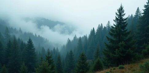 Obraz premium A forest of larch and pine trees shrouded in mist, larch, pine