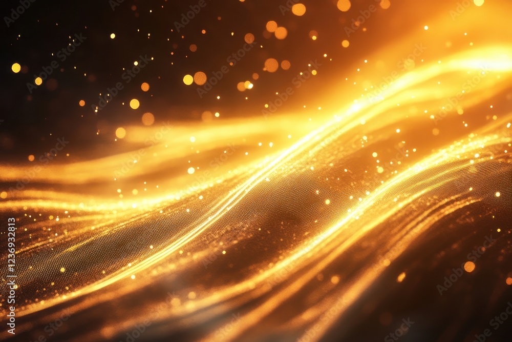 Poster golden waves of light illuminate the dark background with shimmering particles in motion