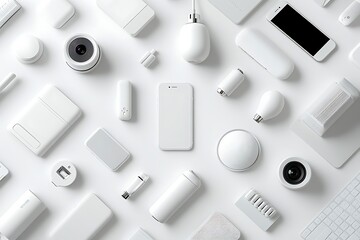 Flat lay of white tech gadgets and devices on white background.
