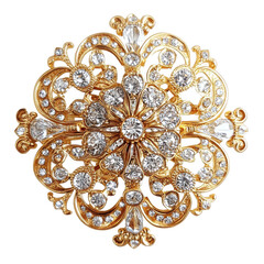 Intricate Vintage-Inspired Gold and Diamond Brooch Isolated on Transparent or blank Background, PNG