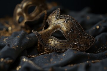 Fototapeta premium two gold carnival masks laying on a black cloth