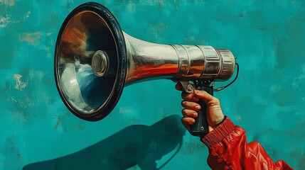 A silver megaphone gripped firmly in a realistic hand, set against a gradient teal background