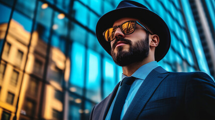 Stylish businessman in hat and sunglasses standing confidently against modern glass skyscrapers, perfect for fashion editorials, urban lifestyle blogs, business branding