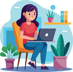 a girl is using his laptop vector