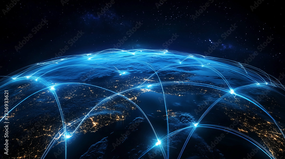 Poster Global connectivity network with digital glowing lines connecting cities across the world, representing advanced communication technology and data flow across continents.