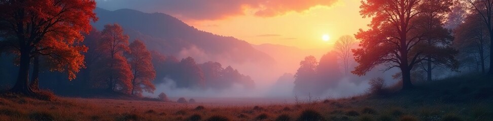 A serene and mystical autumnal forest scene with a misty and colorful sky, woodland, landscape, trees
