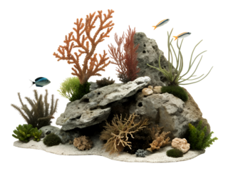 Fish aquarium tank decoration PNG isolated on white transparent background, high-quality 4K download, modern aquatic decor with coral, plants, rocks, and gravel for stylish interior setup 2025