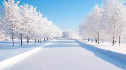 Obraz premium Snowy road lined with frost-covered trees, winter landscape, postcard