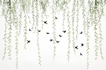 Fototapeta premium Delicate willow branches gracefully hang from above, their slender green leaves cascading down against a pure white background