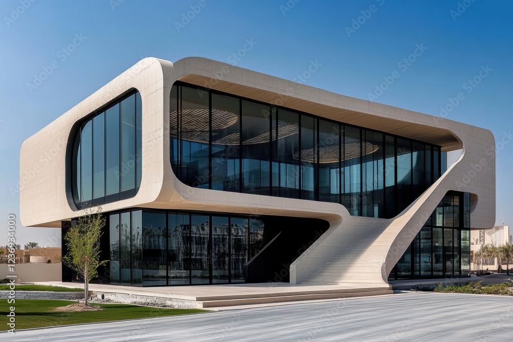 Poster modern architectural design featuring a unique building in a clear blue sky during daytime. generati