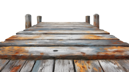 Wooden Dock Pathway Weathered Plank Bridge, Rural Lake Pier in Summer, isolated on transparent background.