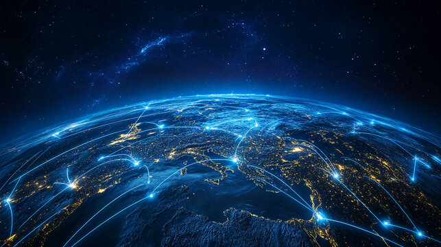Global digital network with glowing blue lines representing the interconnectedness of cities across Europe, showcasing modern communication technology and the internet.