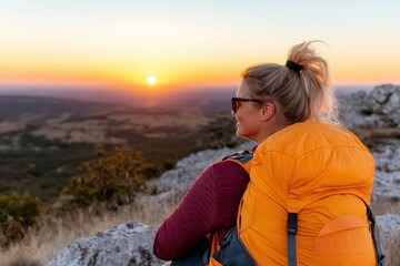 Caucasian female hiker admiring sunset over rocky landscape with orange backpack.