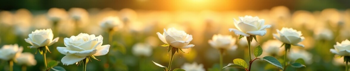 Obraz premium A field of white roses in full bloom under the sun, landscape, botanical