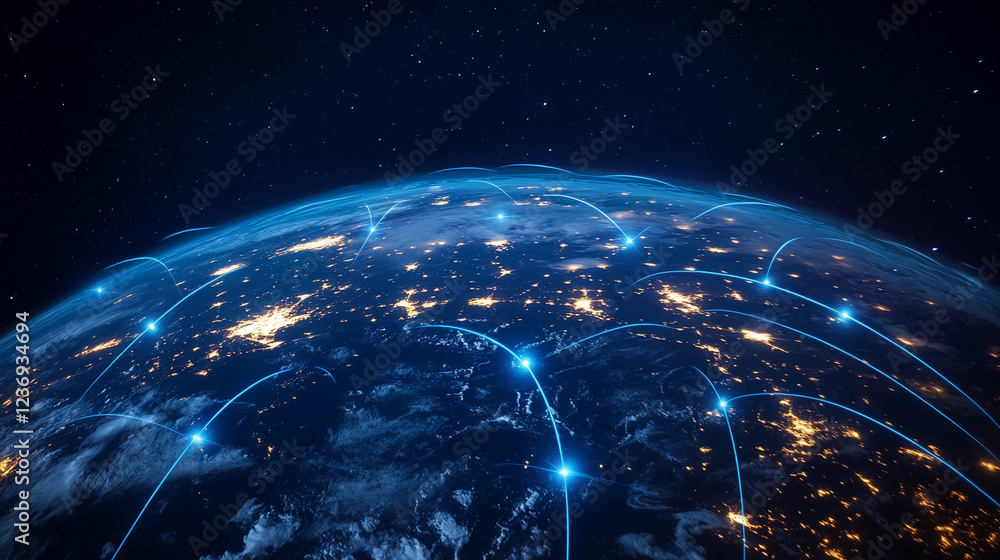 Aufkleber global network of digital connections and data transfer across the earth, highlighted by glowing blu