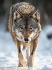 Obraz premium Majestic wolf prowling in snow-covered forest landscape.