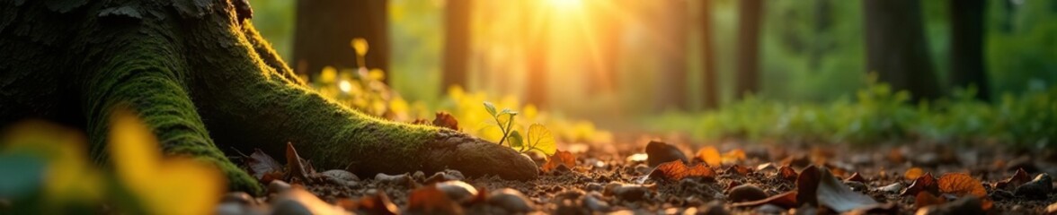 Sunbeams highlight bronze-like bark in forest soil, branches, emerging, leaves