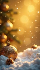 Sparkling snowflakes gently falling onto a golden Christmas background, festive decor, snowy scene