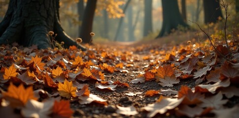 Obraz premium Dry leaves scattered on ground beneath dead tree branches, foliage, forest floor